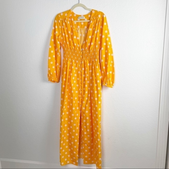 Nicholas Smocked Long Sleeve V-Neck Polka Dot Caftan Maxi Dress Silk Cotton - Picture 2 of 10